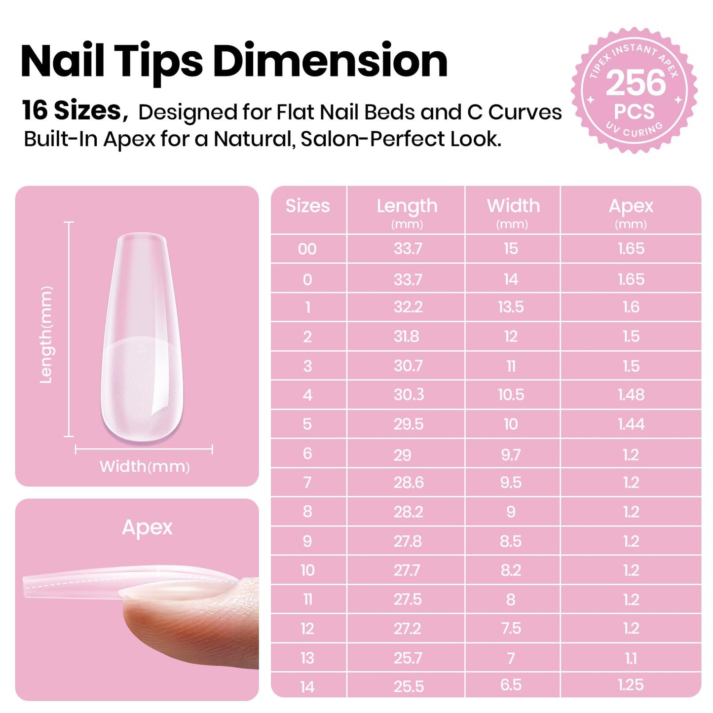 Beetles Tipex Lite Pre-Built Instant Apex Gel Nail Tips, Coffin Long, 256pcs Value Pack, 16 Sizes, Flat-Nail Friendly Acrylic Tips for Natural Nail Beds, Easy for Beginner DIY