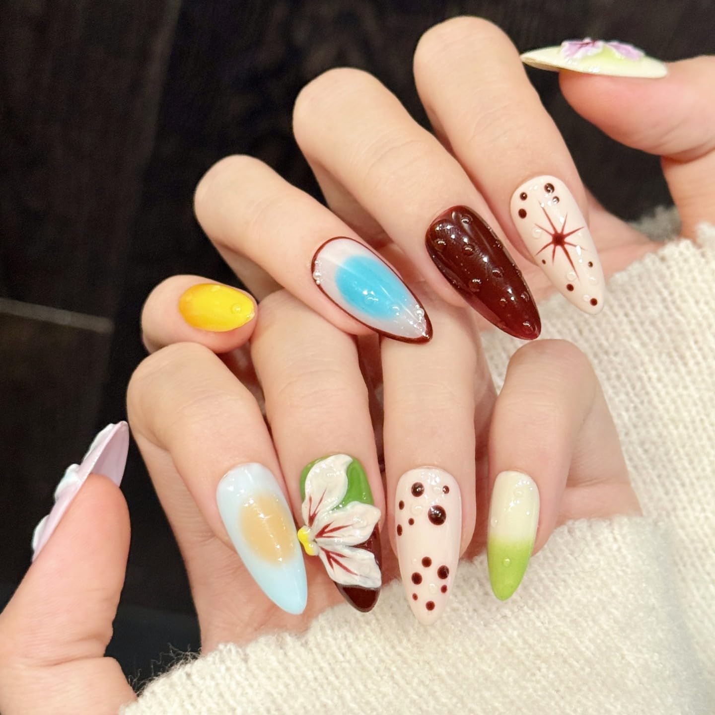 NLSJMP 3D handmade nails press on false nails,Thick Strong Waterprooft almond hand-painted gentle cute colorful beauty stereoscopic acrylic fake nails designed kit,10 Nails, Size L #3333