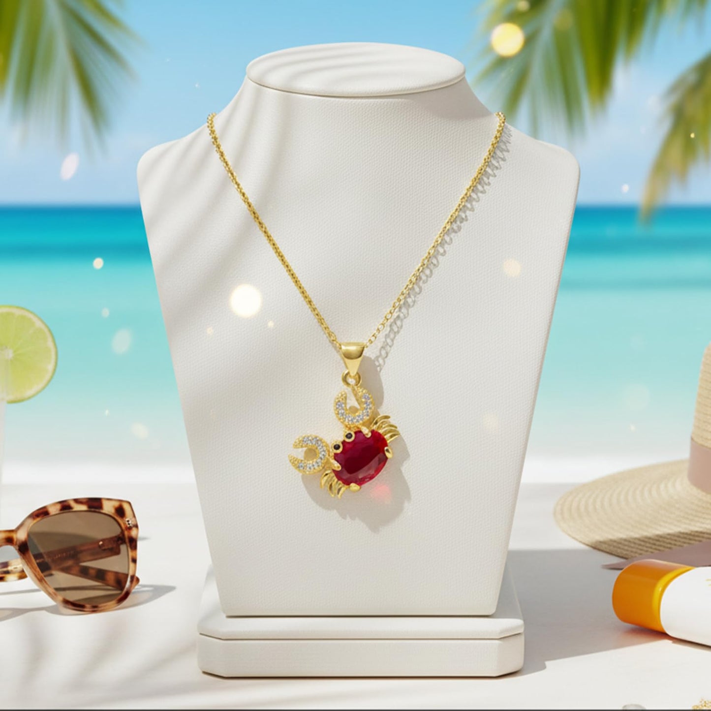 AUMRET Cute Crab Ruby July Birthstone Beachy Necklace - Gold Plated Stainless Steel - Women's Gift for Birthday, Valentine's Day, Mother's Day, Christmas