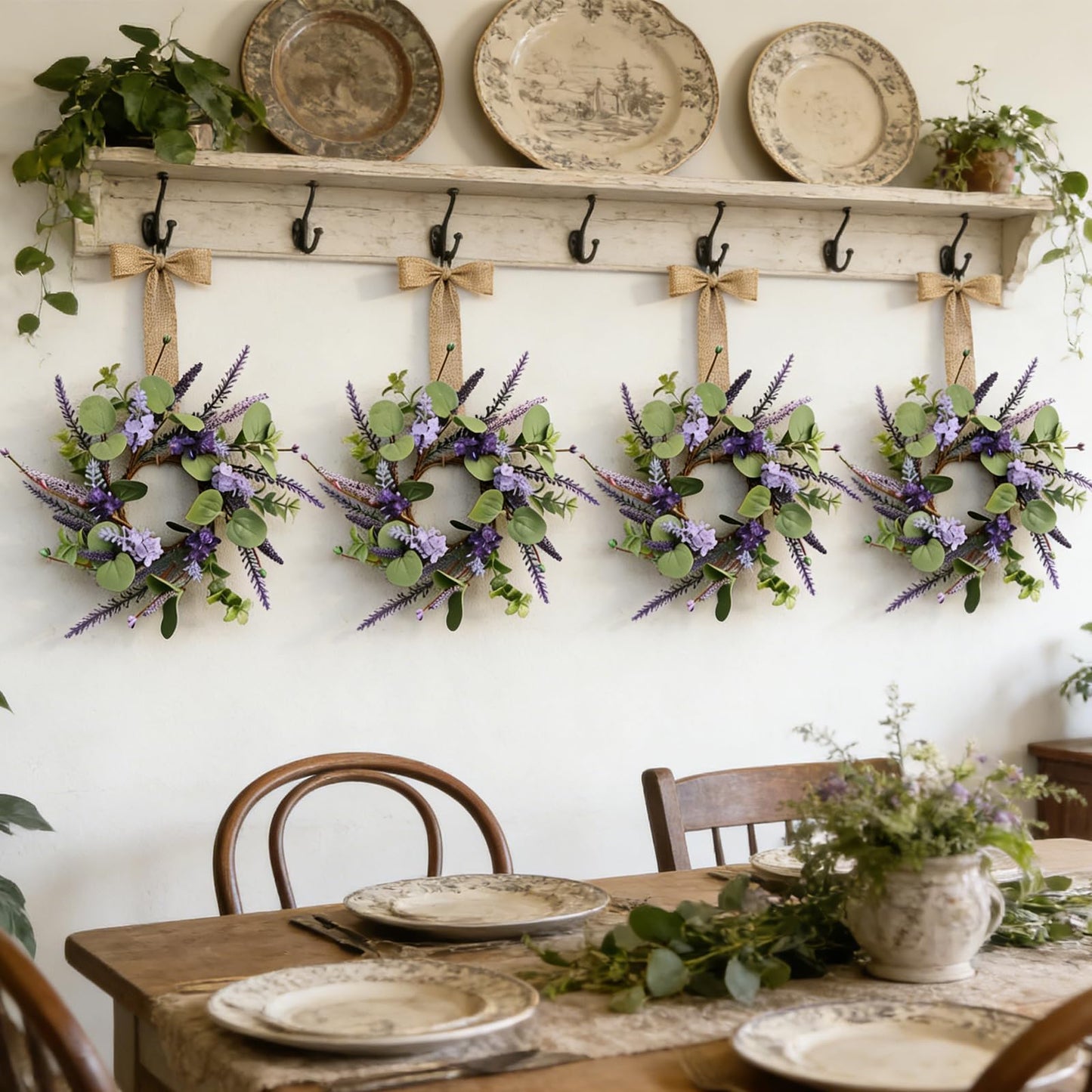 6 Pcs Small Lavender Hanging Wreaths for Cabinets with Violet Hydrangea Flowers and Eucalyptus Leaves Spring Summer Mini Candle Ring Wreath for Home Kitchen Front Door Window Porch Wall Wedding Decor