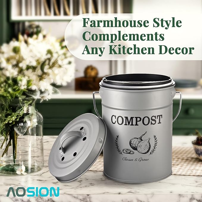 AOSION Countertop Compost Bin Kitchen,Odor Resistant Indoor Compost Bin with Lid and Compost Bags,Compost Bucket Composter Container for Food Waste,Grey