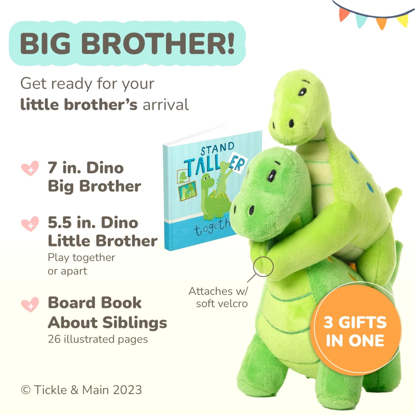 Tickle & Main Big Brother Gift Dinosaur Stuffed Animal Set - 3-Piece, Green, Ages 2+ - Sibling Matching Plush Dinosaurs with Stand Taller Together Book - Sibling Gifts