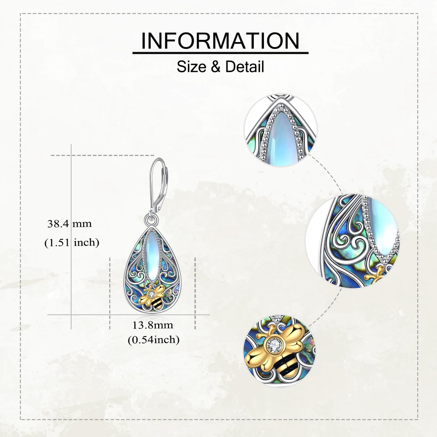 Bee Filigree Earrings Sterling Silver Teardrop Abalone Shell Drop Dangle Filigree Leverback Earrings Jewelry