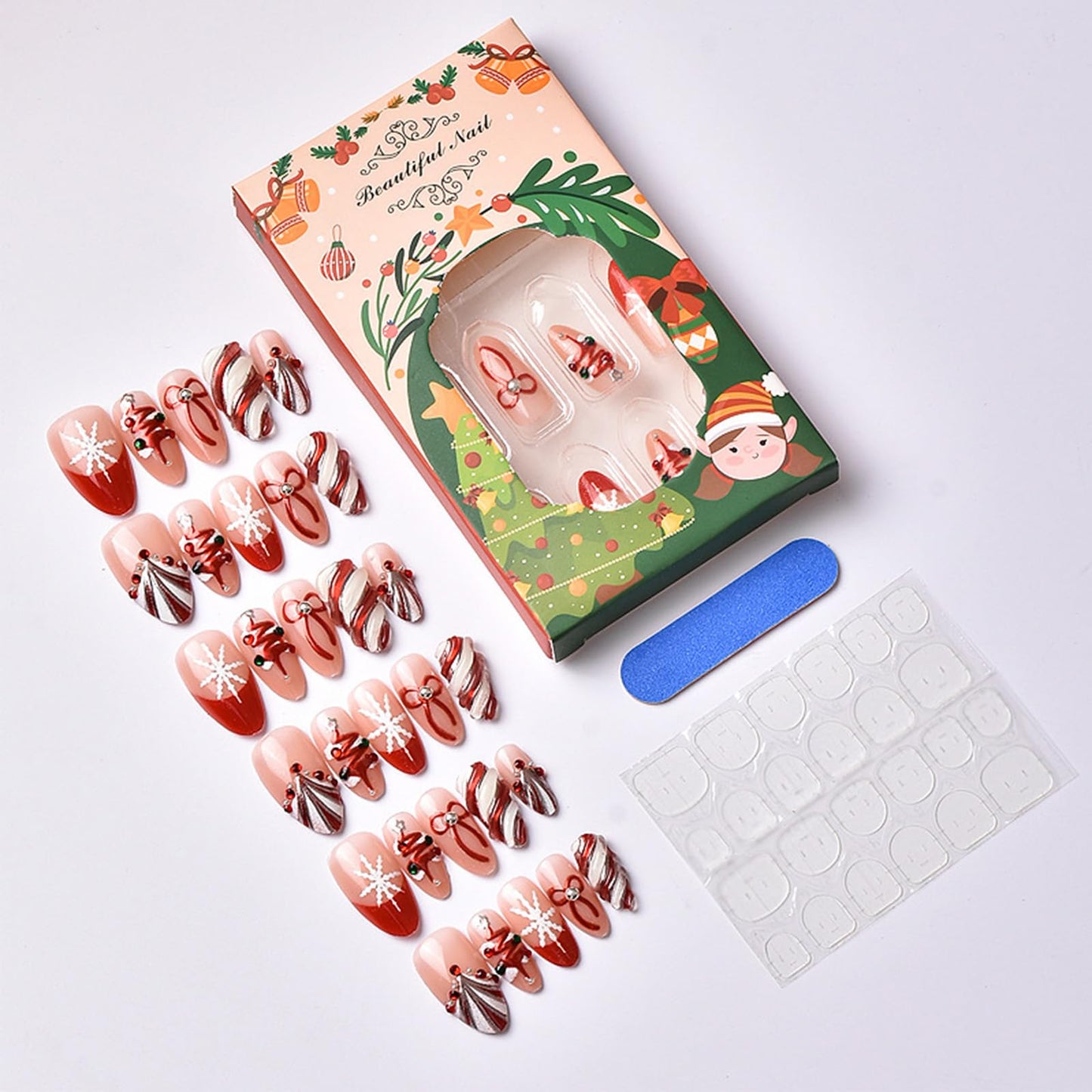 3D Christmas Tree Acrylic Fake Nail Glossy Red Colored Lantern Stick on Fingernails Snowflake Press on Nails 24Pcs Candy Cane Gel Glue on Nail Bow Tie Medium Almond False Nails for Women Xmas Gift