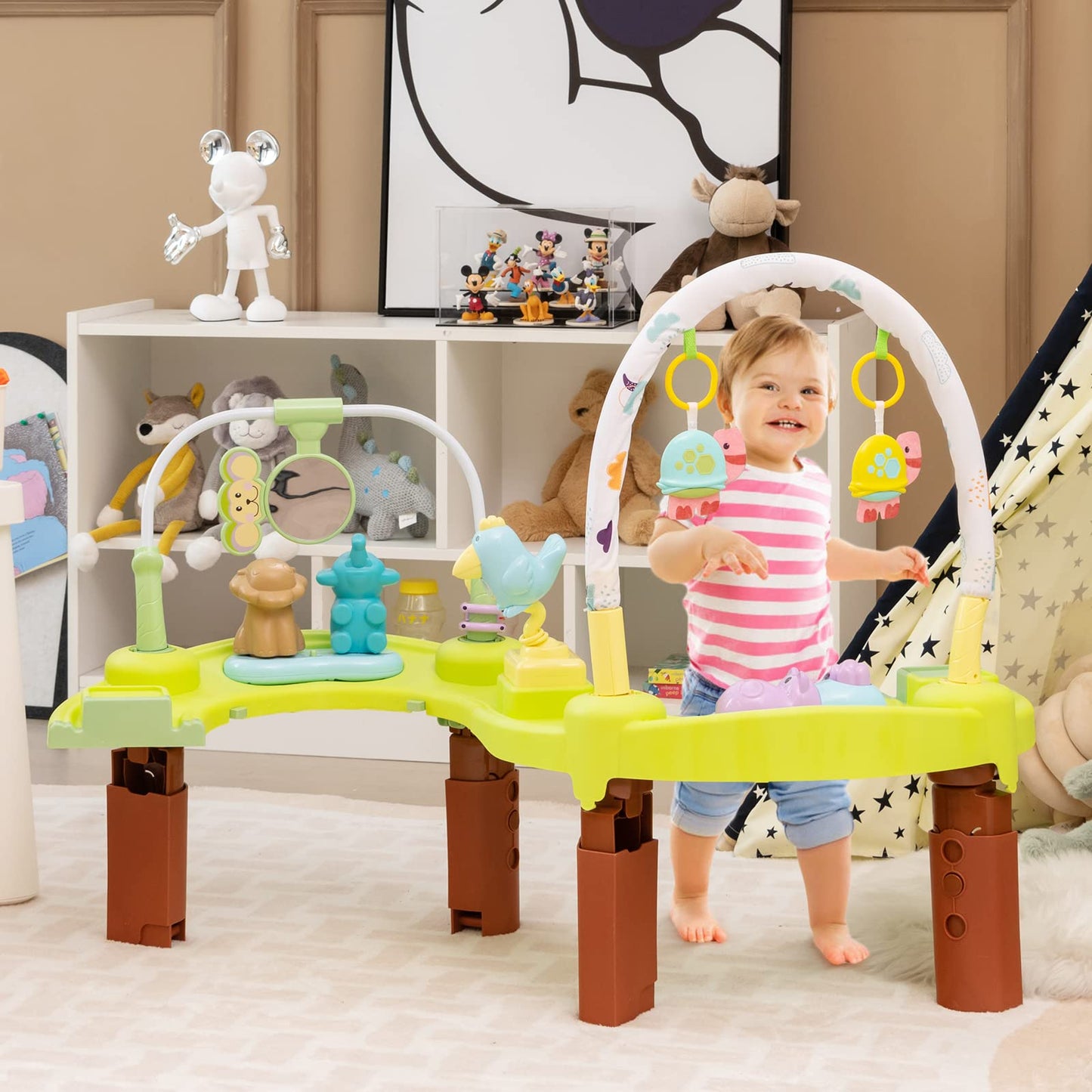 HONEY JOY Baby Bouncer Activity Center, 3-Stage Bouncing Activity Saucer & Playtime Mat & Activity Table, Toy-Bar, 3 Adjustable Heights, Foldable Activity Center for Infants & Toddlers(Green)