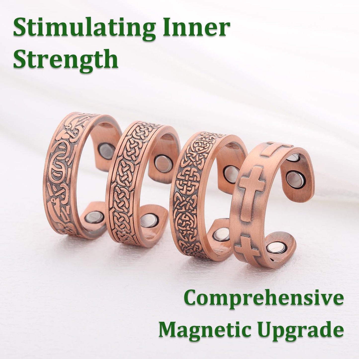 Fashtour 4 Copper Rings for Men, 99.9% Pure Copper Magnetic Rings, Vintage & Cross Pattern Adjustable Cuff Ring