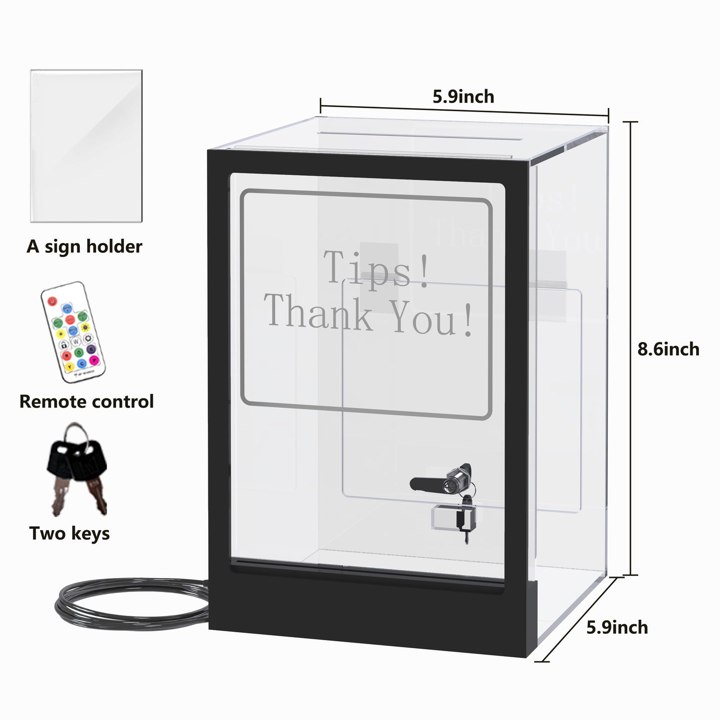 HEMYLU Tip Jar with 2 Sign Holders, LED Light & Lock for Bar & Party, Donation Box with Sign Holder ''Tips! Thank You!'', Suggestion Box with DIY Blank Sign Holder for Getting Cards, Voting & Ballots