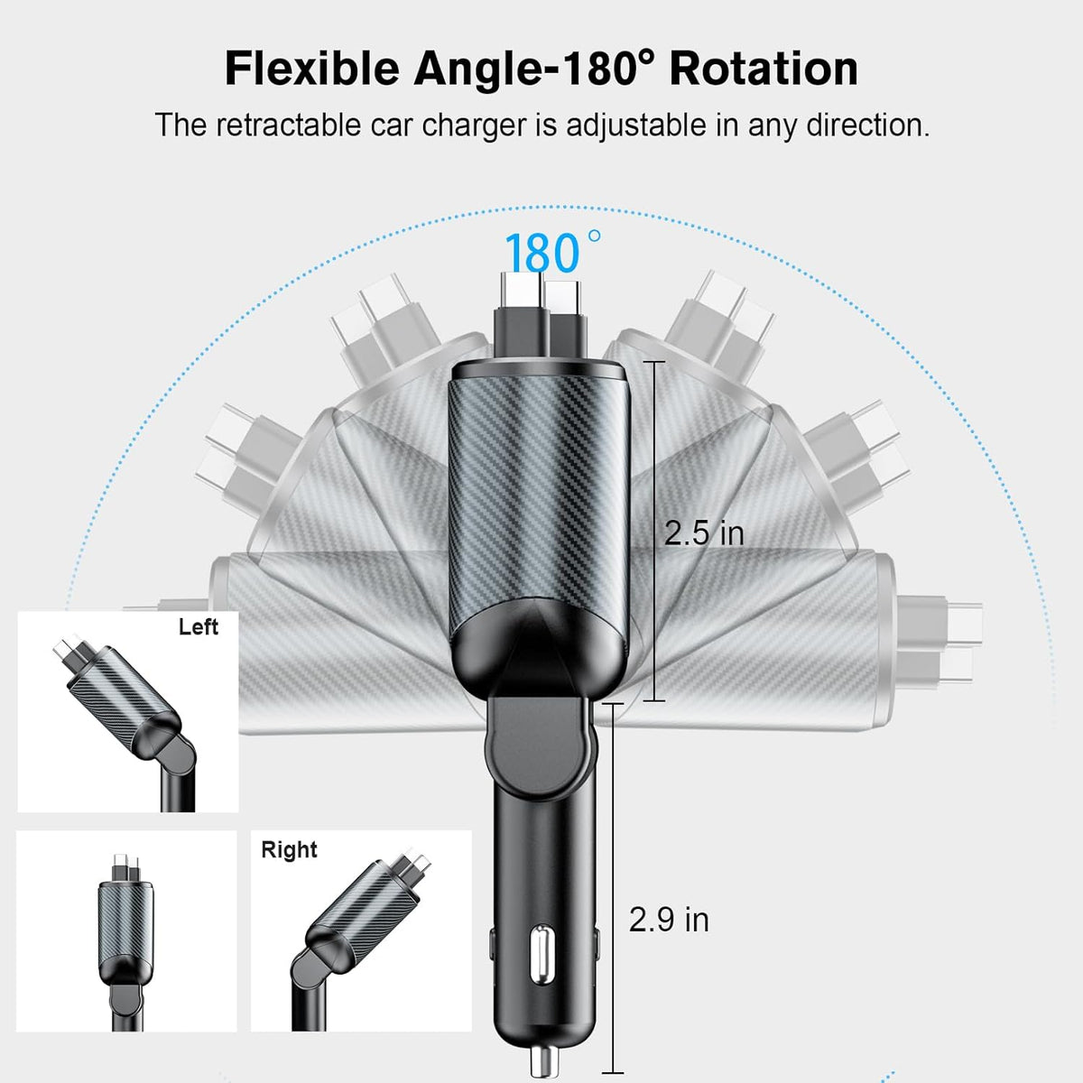 Retractable Car Charger for 4 in 1 Fast Charging Max 80W【ONLY 2 Type-C Charging Cable】 for iPhone16 15/Galaxy,USB-A/C Port for iPhone16/15/14/13/Pro Max Plus,iPad,AirPods,PD 3.0 Cord