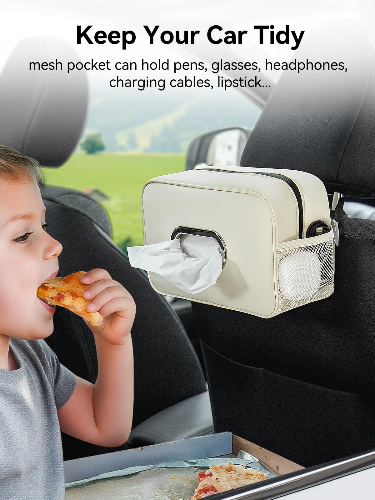 2 Pack Multi-Functional Car Tissue Holder with ‌2 Tuck Nets, Upgraded PU Leather Tissue Box Cover, Large Rectangle Napkin Storage Organizer, Keep Car Tidy, Beige