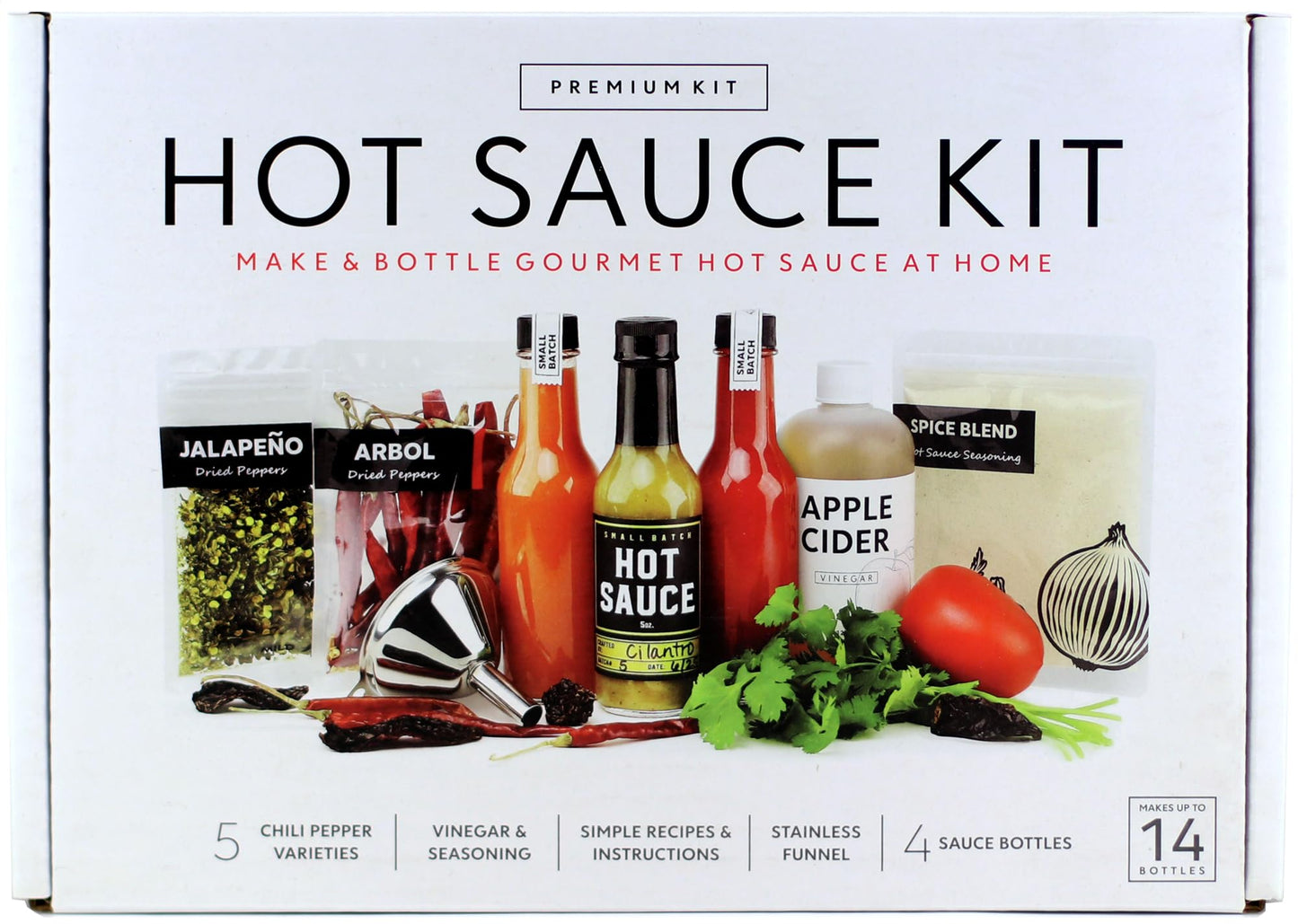 Premium Hot Sauce Making Kit, 5 Varieties of Peppers, Jalapeno Habanero, Gourmet Spice Blend, 4 Bottles, Fun Labels, Make your own hot sauce, DIY Gift for Dad (Premium Kit)