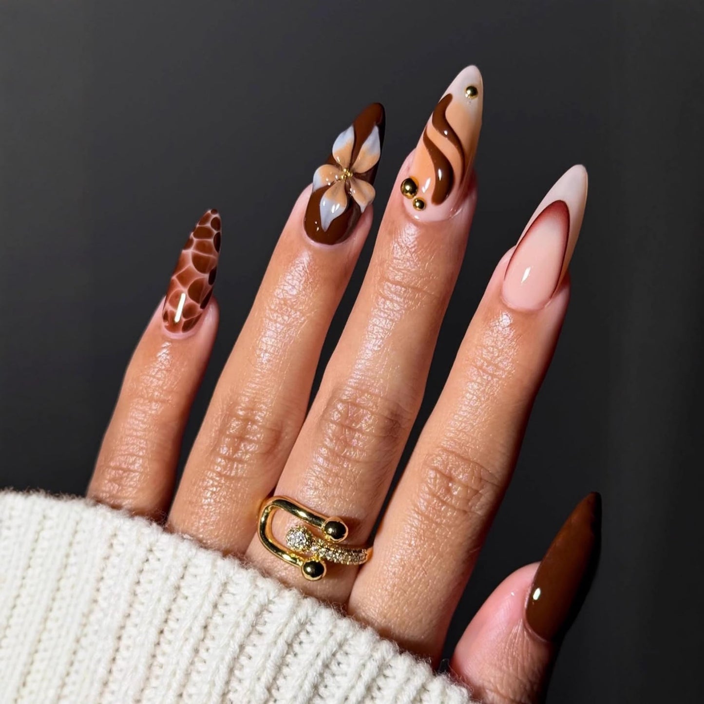 SEENEEY Long Press on Nails Almond Fake Nails Brown Artificial Nail 3D Floral Designs Tortoise Shell Stick on Nail for Women 24pcs