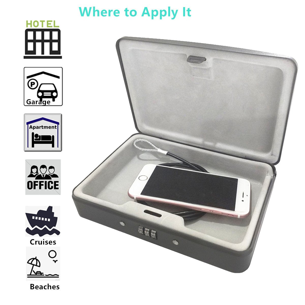 SEPOX® Water/Fire-Resistant Portable Security Case Lock Box Steel, Personal Travel Safe Storage Cabinet for Small Item, 3-Ft Cable, Ressetable Combination Lock for Dorm, Car, Sports, Office