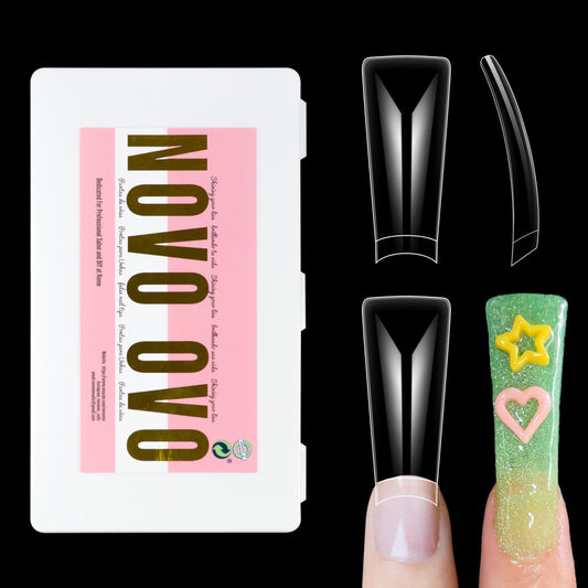 NOVO OVO XXL Long Duck Feet Nail Tips Half Cover for Acrylic, Clear Soft Gel No C Curve XXXL Extra Super Long Flare Y2K Wide French False Nail Extension x 11 Sizes in Box 308 pcs