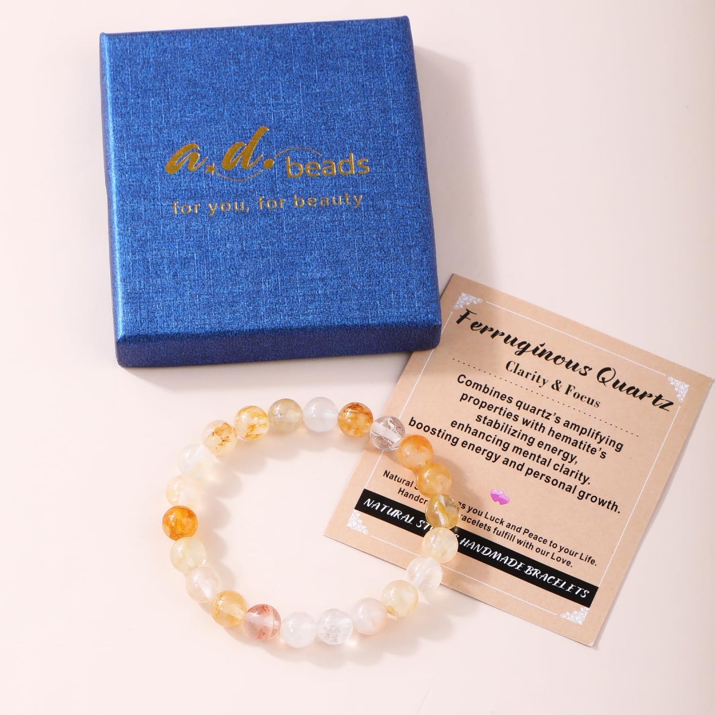 AD Beads 6mm Handmade Ferruginous Quartz Elastic Bracelet – Natural Gemstone for Clarity & Focus – Meditation, Yoga, Healing and Energy Gift for Men Women