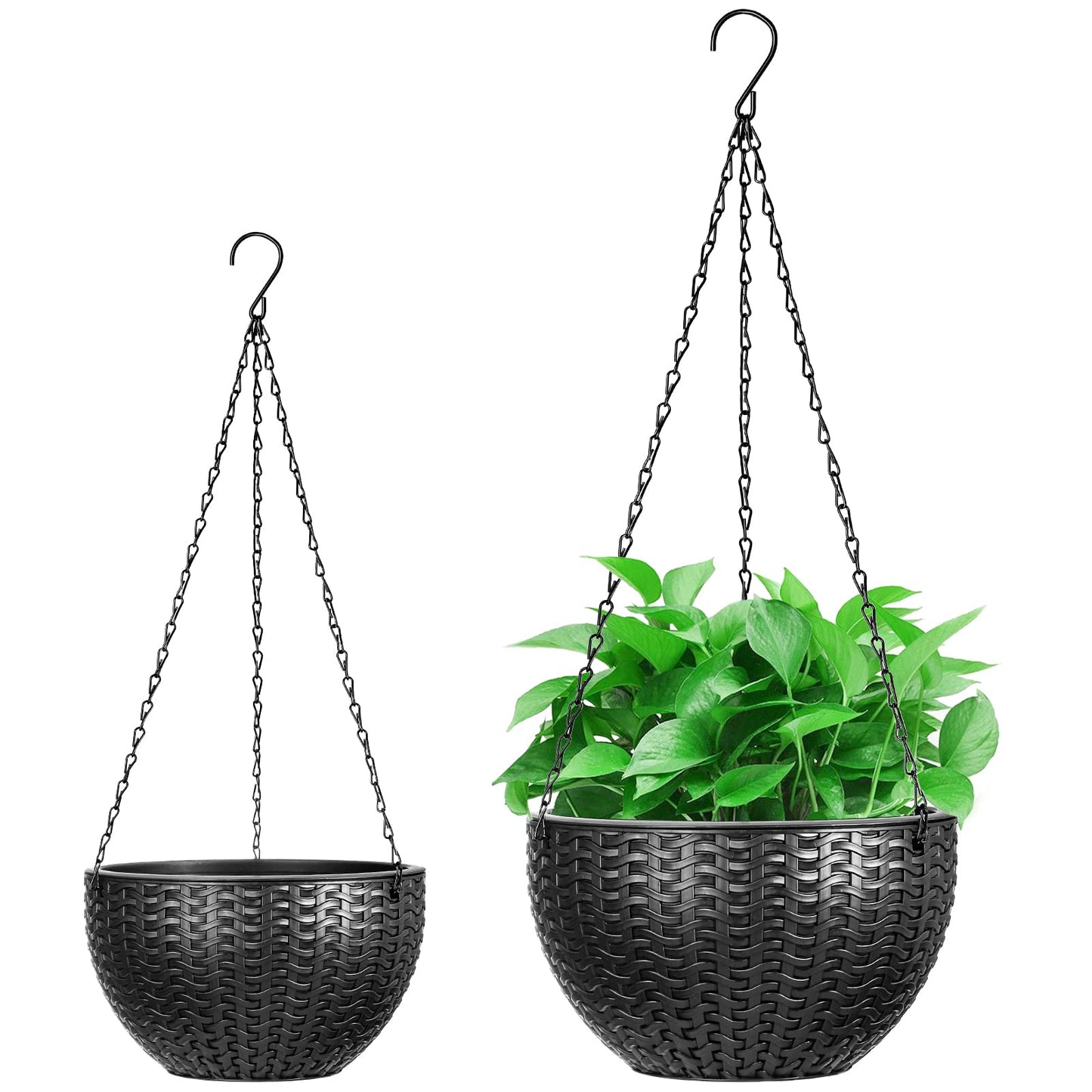 Foraineam Dual-Pot Self-Watering Hanging Planters, Black, 2 Pack, Indoor/Outdoor, Rattan Design, 10.2in and 8.2in