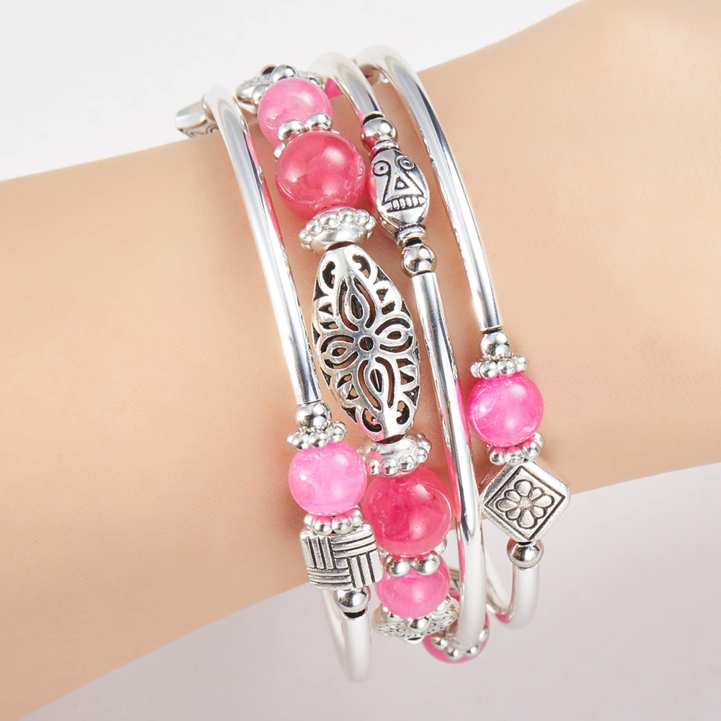 BULINLIN Layered Wrap Bangle Turquoise Bracelet - Bead Bracelet with Natural Agate Stone, Gifts For Women (03-Hot pink)
