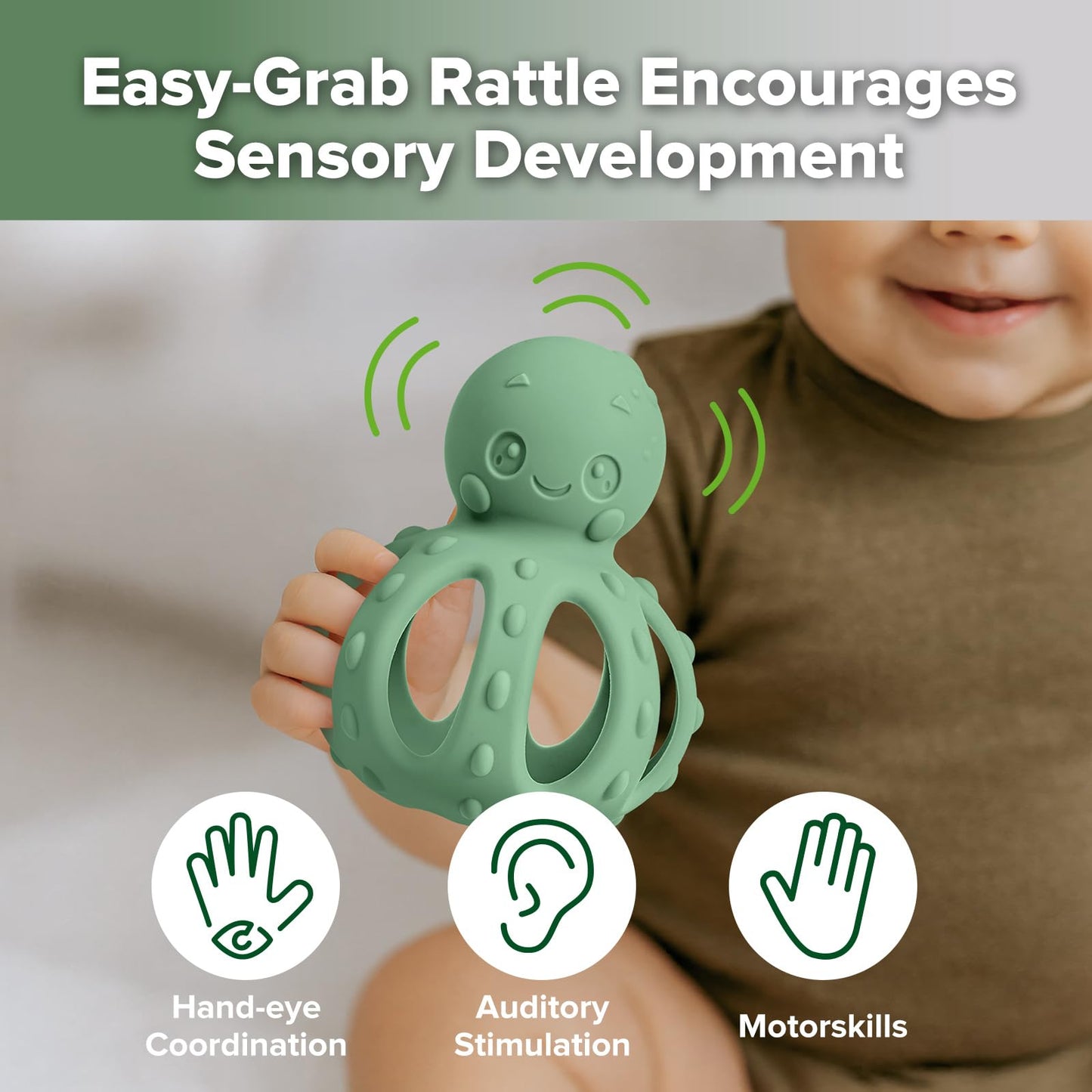 haakaa 2-in-1 Baby Teething Toy,Octopus Teether with Gentle Rattle,Soft Textured Teether for Sore Gums,Easy to Grasp Sensory Toy for Babies 3M+,Pea Green