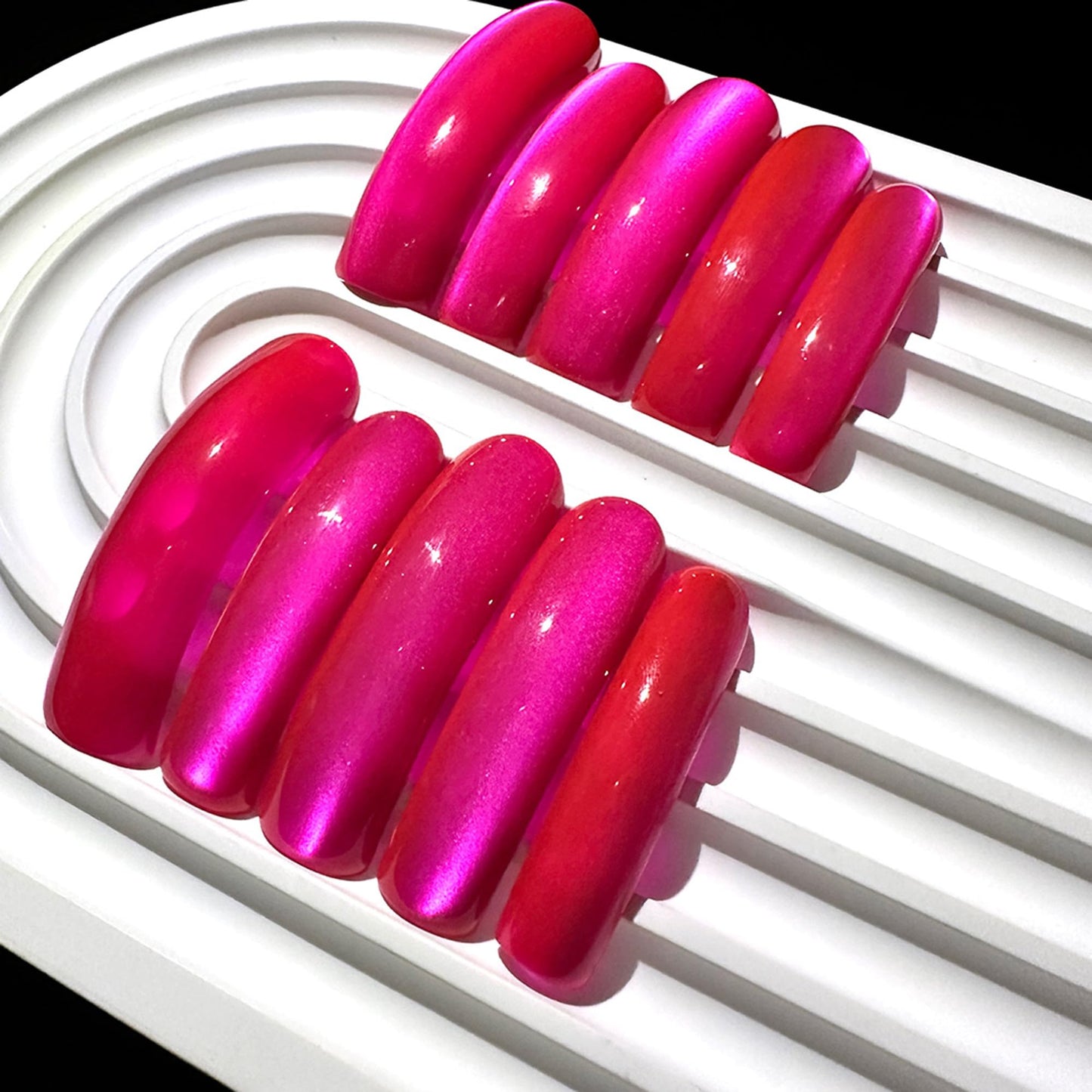 Handmade Hot Pink Press On Nails Long Curved Fake Nails with Cat's Eye Designs XL False Nails Press Ons Reusable Acrylic Nail Tips Full Cover Stick on Nail for Women Manicure 10Pcs(Size M)