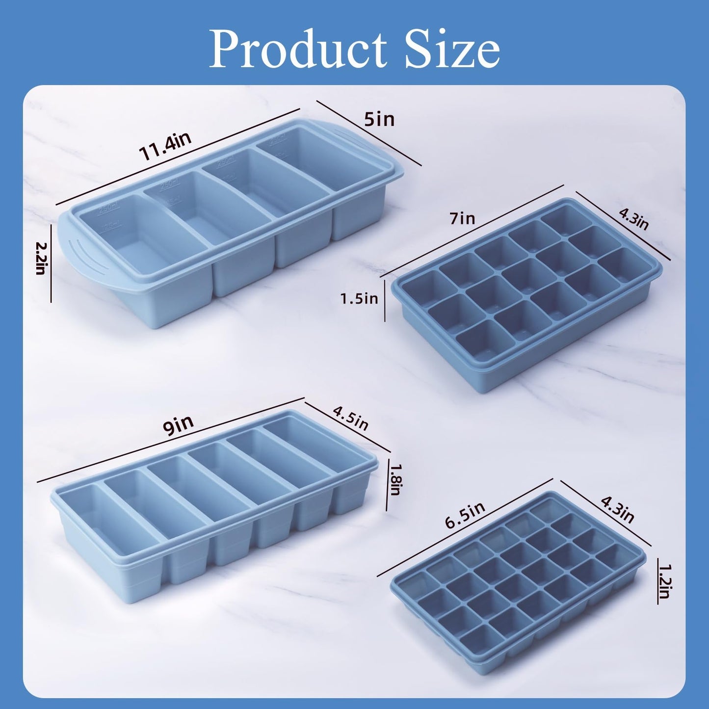 Silicone Freezer Molds Gift Set with 1 Tbsp,2 Tbsp, 1/2, and 1 Cup Silicone Freezer Trays With Lids - Meal Prep and Kitchen Essentials Bundle (Blue 4 Pack)
