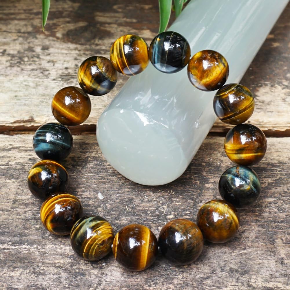 TaHLga 16MM Yellow Blue Tigers Eye Beaded Bracelet for Men | Natural Solar Plexus Chakra Gemstones | Bring Luck Wealth Courage | Protection from Evil | Gift