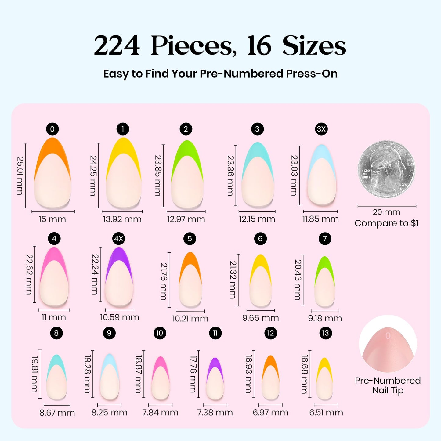 Beetles French Tips Press On Nails - Pastel Spring Medium Almond 6 Colors 192 Pcs with Summer Press On Nails 224 Pcs 7 Colors French Tip Medium Almond