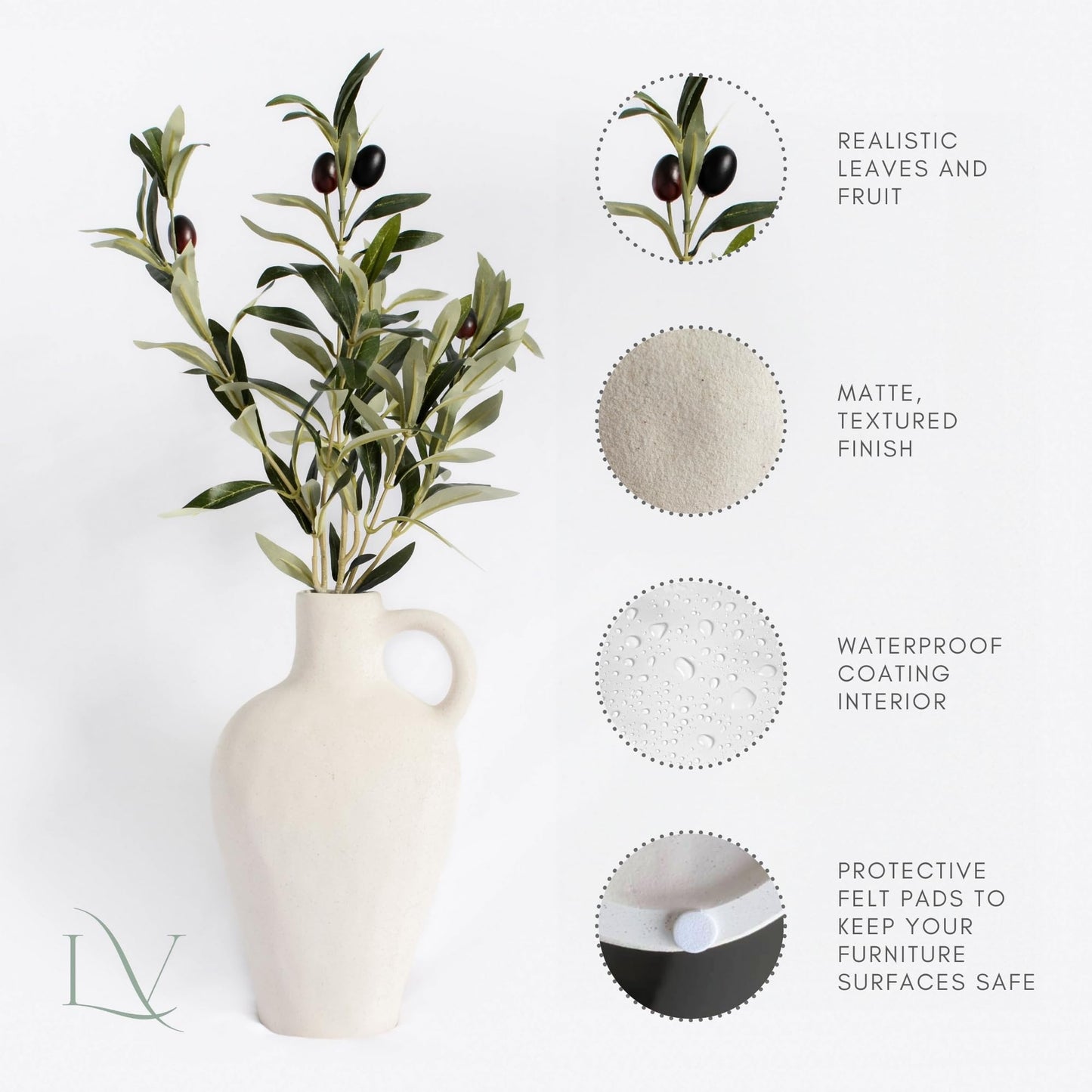 Luxurious Gift Set Textured Ceramic Vase 10 Inch with Olive Branches 22 Inch Tall White Medium Vase Artificial Topiaries Fake Plants, Minimalist Shelf Decor, Neutral Home Office High End Gifting Decor