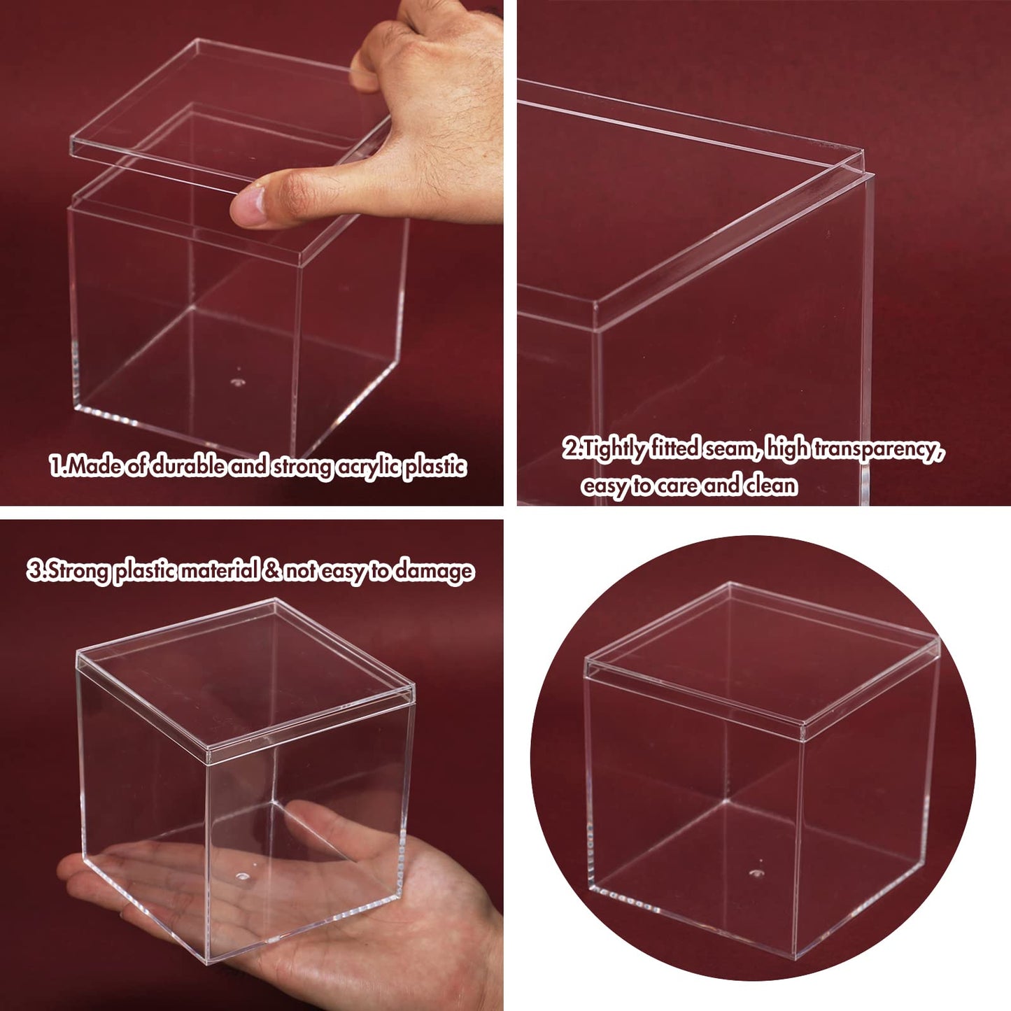 Kamehame Acrylic Boxes for Display 4 Pack Clear Plastic Square Cube, 3.9x3.9x3.9Inch/100x100x100mm Small Acrylic Box with Lid, Candy Pill and Tiny Jewelry Storage Boxes Organize Containers