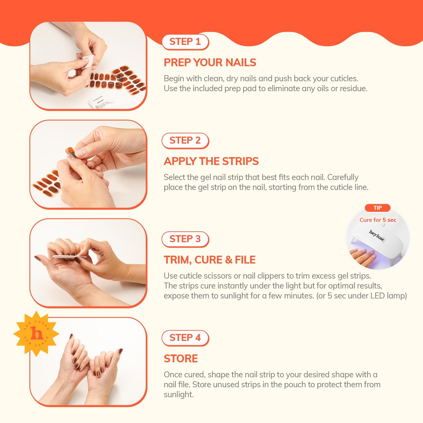 Heyhae Semi Cured Gel Nail Strips | No LED Lamp Needed | Solid, Neutral | Easy Apply & Remove, Salon Quality | Includes 28 Strips, 1 Prep Pads, Nail File & Wooden stick - Hey, Spill the Tea