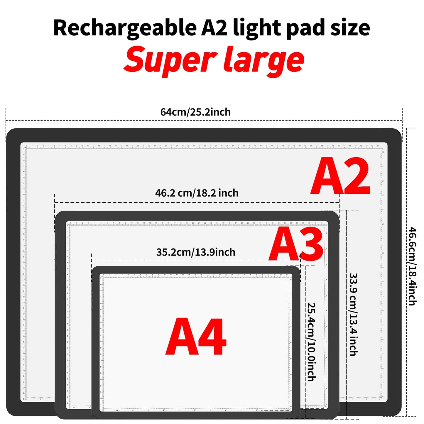 TOHETO Rechargeable Magnetic A2 Light Board 25.2''x18.4'', Large Diamond Painting Light Pad with Side Buttons, 3 Light Colors Light Box for Tracing and Drawing, Dimming LED Light Table for Sketching