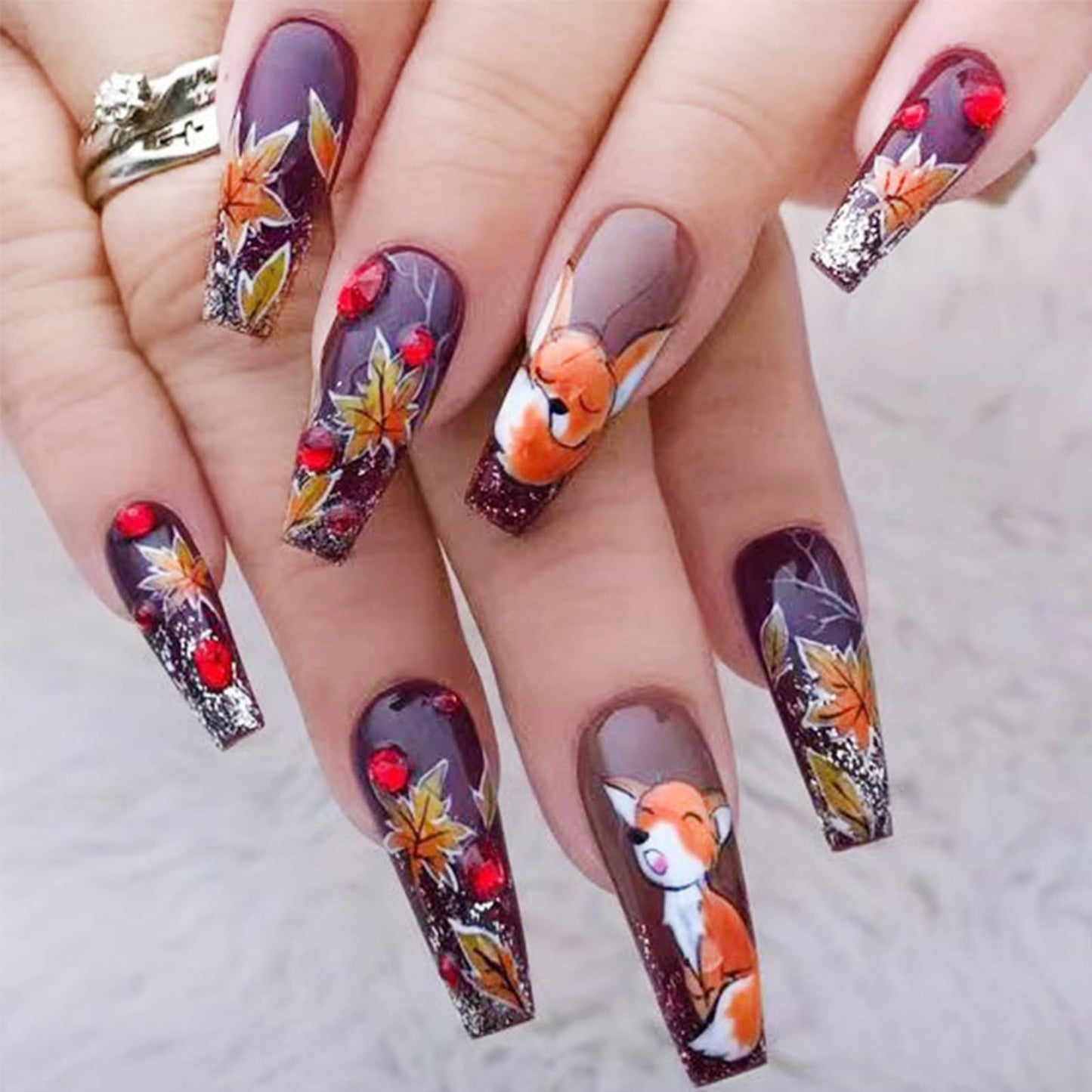 Fall Nails Maple Leaf Fox Press on Nail Long Coffin Fake Nail with Red Gem Rhinestones Designs Autumn False Nail Brown Artificial Glue on Nails Fall Leaves Acrylic Nail for Women DIY 24Pcs