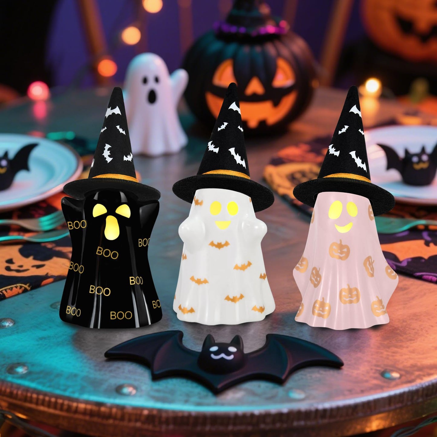 Byrita Halloween Decorations Indoor, Set of 3 Ceramic Halloween Ghosts with Witch Hats, Cute Spooky Lighted Decor Ghost Figurines Witch Hat Scary Pumpkin Bats Boo for Home Mantel Shelf Table Decor