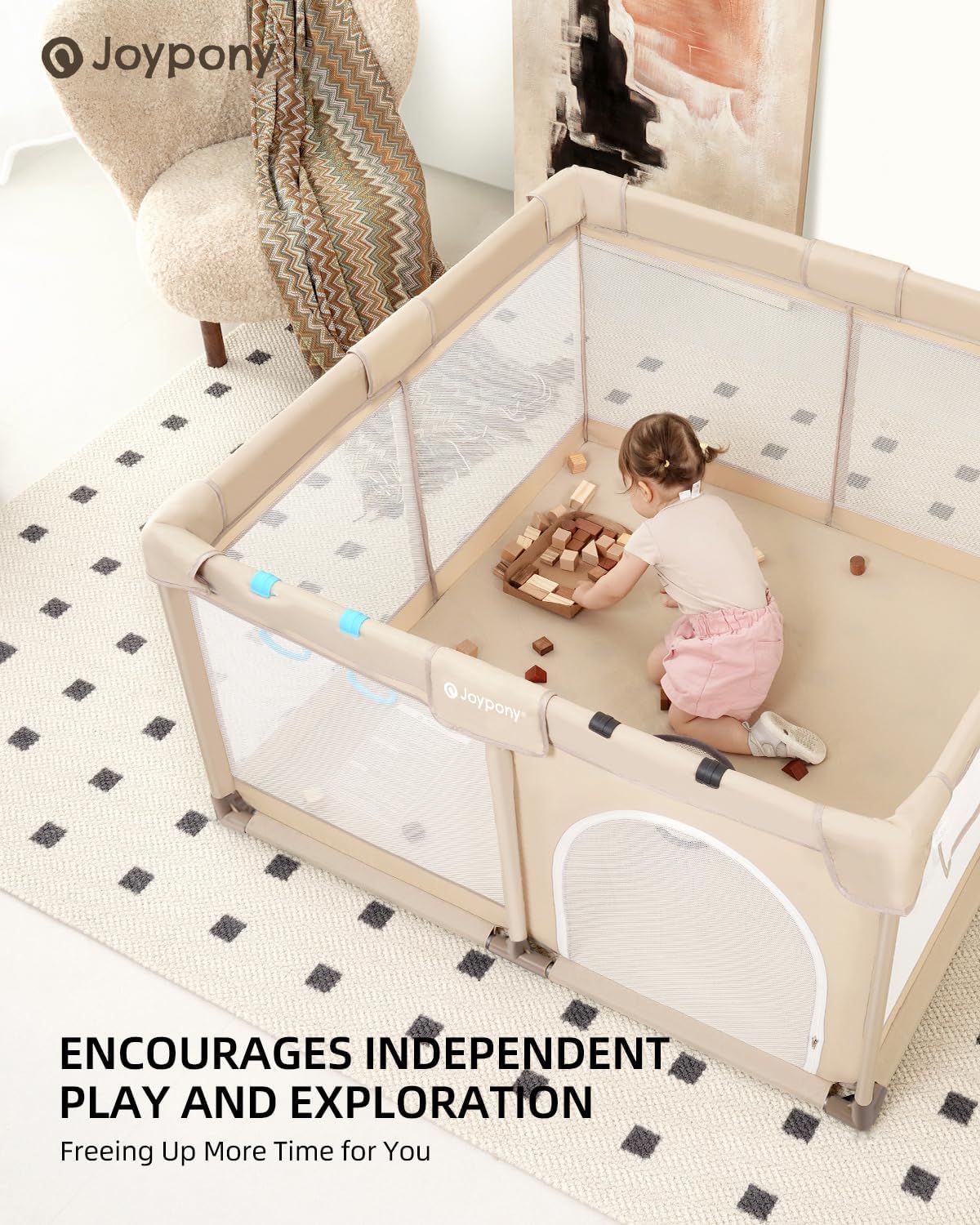 Joypony Baby Playpen, 50x50 in Small Play Pen for Babies and Toddlers, Playpen for Kids with Gate, Indoors Play Yard with Soft Breathable Mesh (Beige)