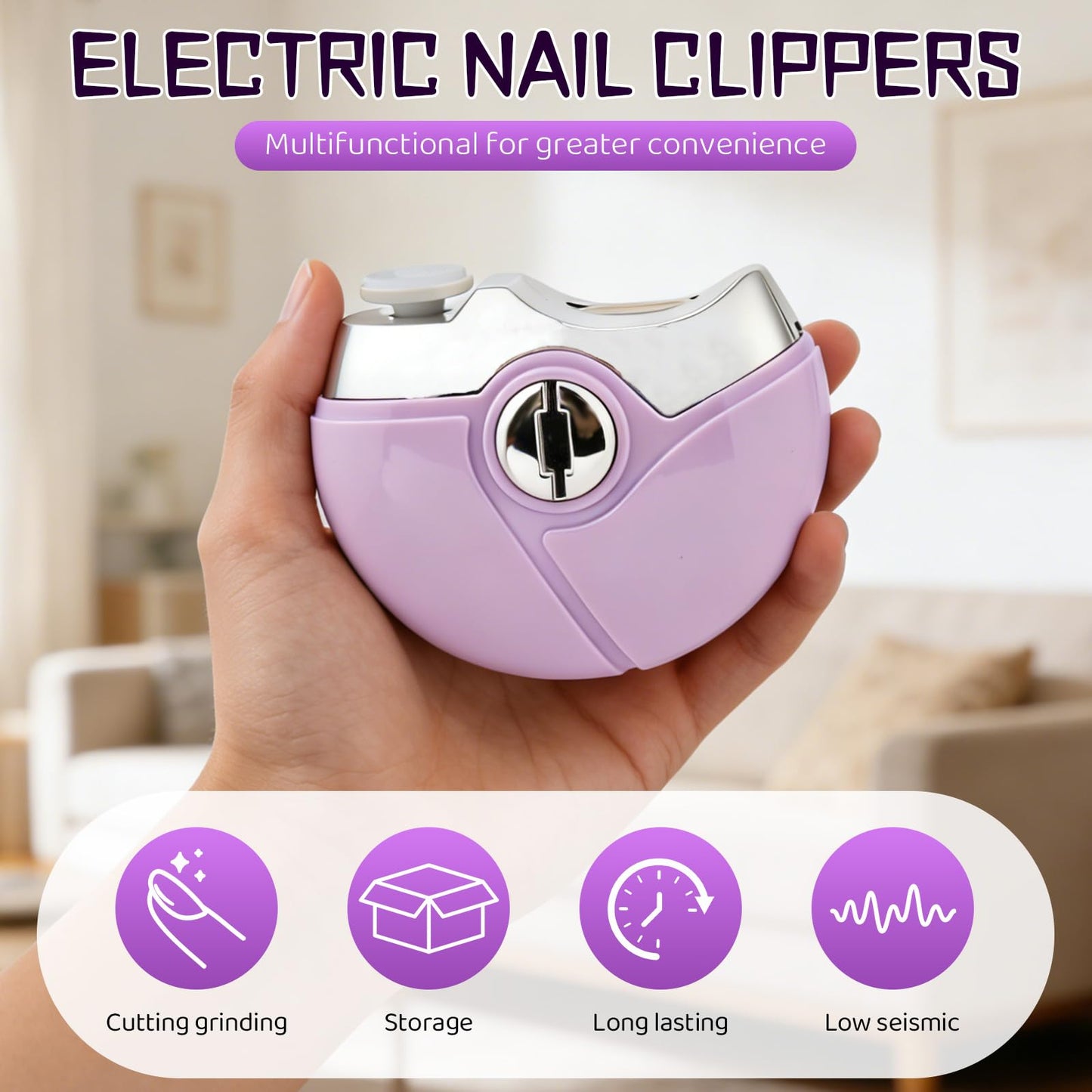 Upgraded Electric Nail Clipper, 3-in-1 Automatic Nail Trimmer & Polisher with 2 Speed Settings, for Seniors and Adults, Multi-Functional Nail Care Tool (Purple)