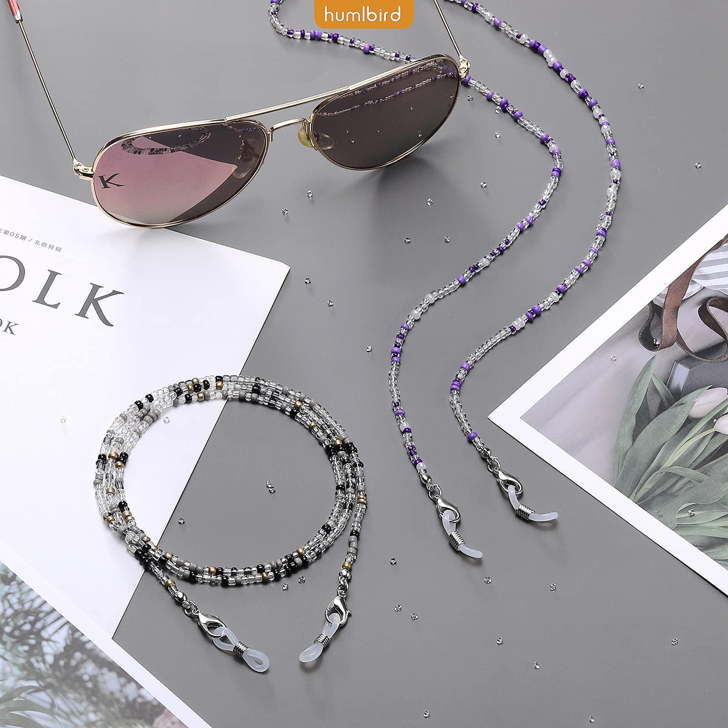 humlbird 2 Pcs Glasses Chain Mask Lanyard Strap Mask Chain Face Mask Holder Around Neck Eyeglass Chain for Women Stylish, Purple Black