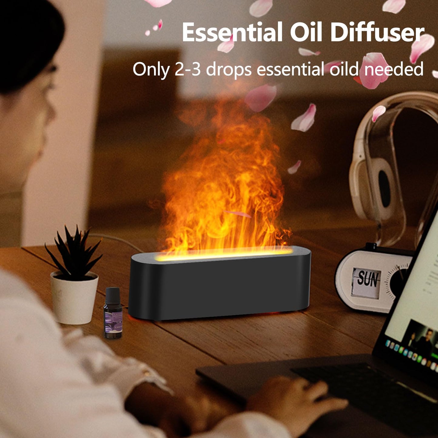 Flame Essential Oil Diffuser, Upgrade 7 Colour Lights Aromatherapy Diffuser, Oil Diffuser, Air Humidifier, Aroma Diffusers for Home, Bedroom, Office, Yoga, Timer & Waterless Auto Off 150ml (Black)