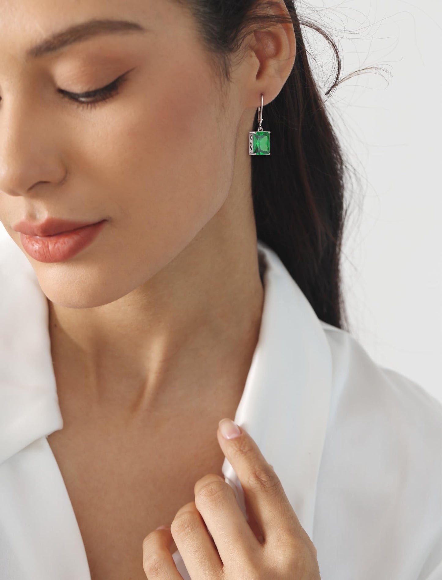 YL Solitaire Dangle Drop Earrings 925 Sterling Silver Leverback Earrings 8X10MM Square Created Emerald Jewelry