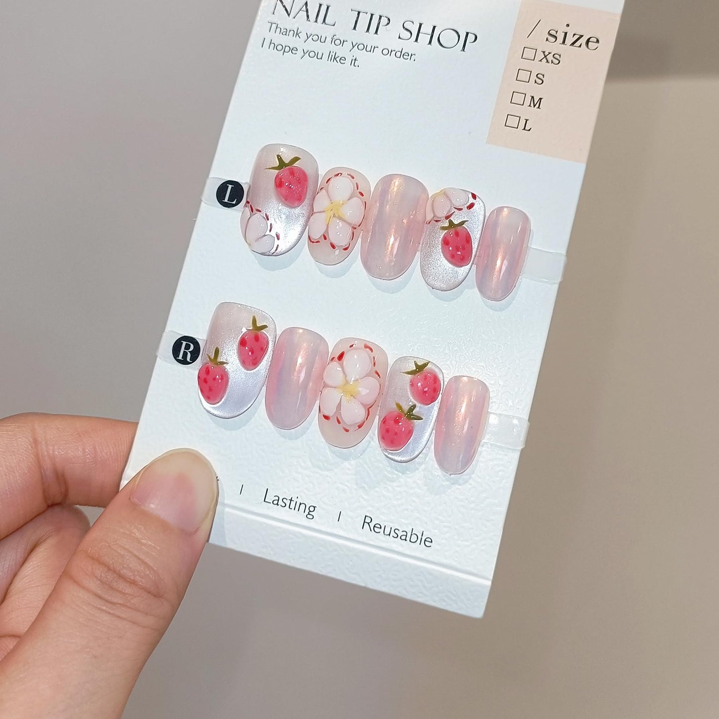 TENPAL Press on Nails 10Pcs with Tools Kit,3D Strawberry Spring Summer Pink Aurora Fake Nails,Cute Floral Almond Short Nails,Full Cover False Nails Simple Blush Glue on Nails Sweet Summer Nails(M)