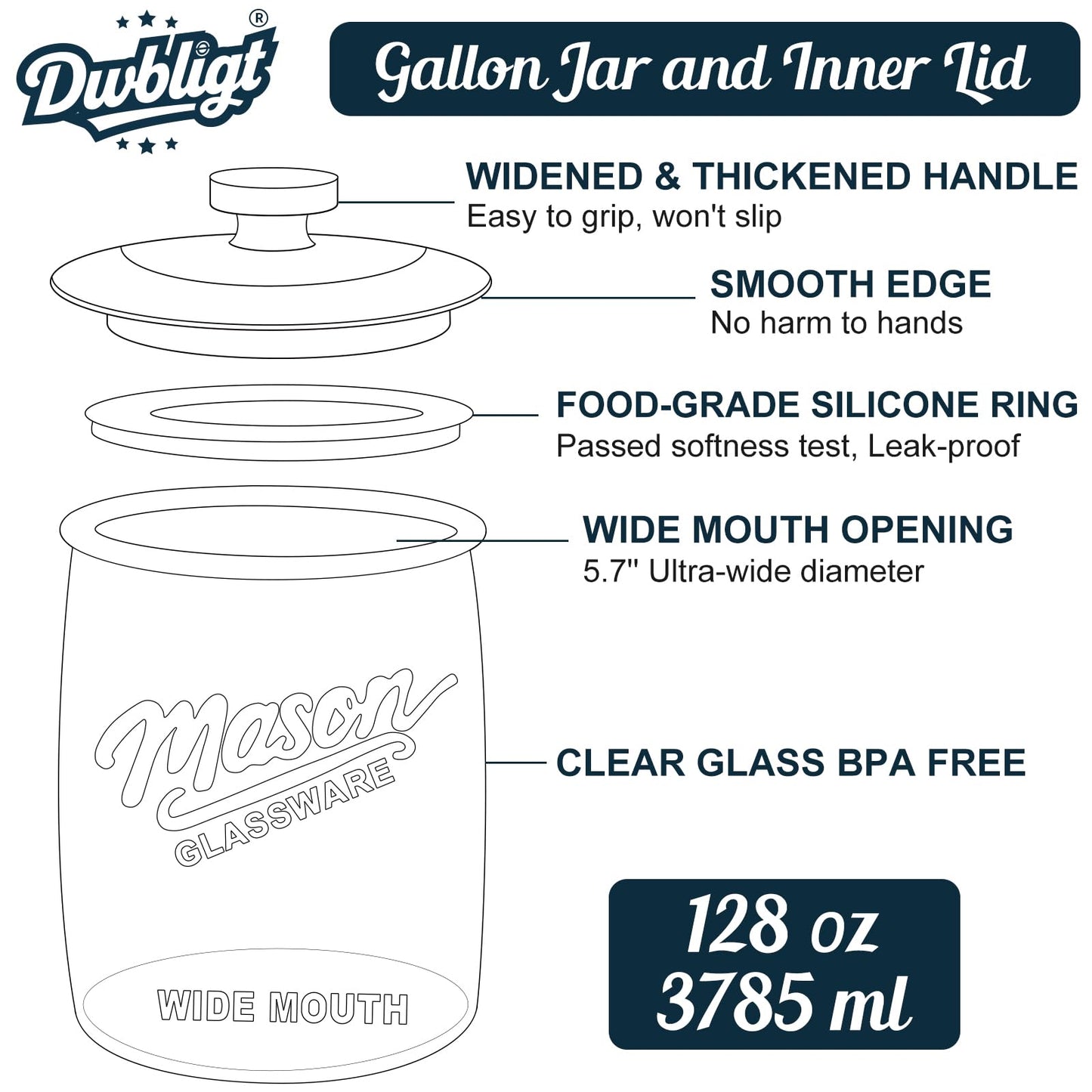 Dwbligt 2 Pack Cookie Jar, 1 Gallon Glass Jar with Airtight Lids - Large Wide Mouth Mason Jar for Kitchen Pantry& Laundry Room, Glass Apothecary Canisters Sets for Candy, Flour, Rice, Coffee, Display