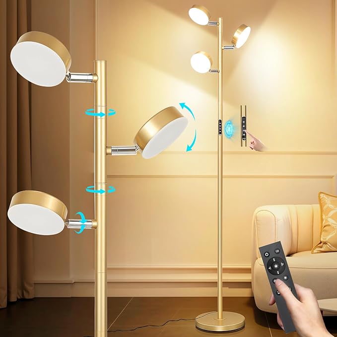 Benaep Tree Floor Lamp for Living Room - Modern Glod Standing Lamp, LED Floor Light with Remote & Touch, 3000K-6000K Dimmable for Bedroom Office Reading (3 Head)