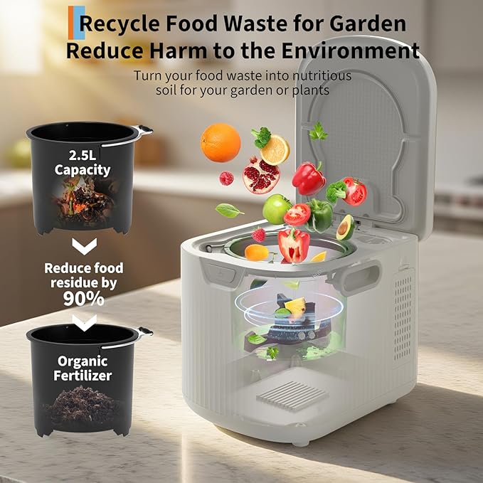 2.5L Kitchen Composting Bins, 3 Modes Smart Composter Bin, Auto-Clean, Converts Food Waste to Dry Fertilizer, LED Display & Quiet Operation