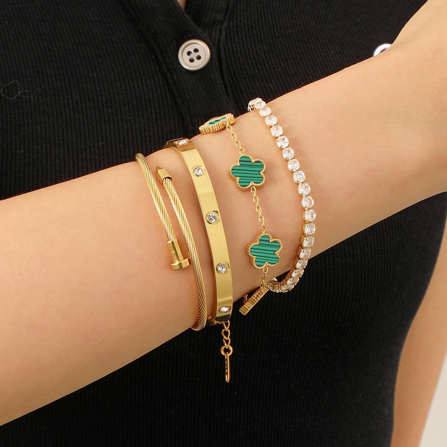 MEIERYA 18K Gold Plated Womens Stackable Floral Bracelets Set,Twisted Cable Bangle,Trendy Jewelry,Waterproof adjustable bracelet,Christmas Birthday Gifts for Girlfriend or Mother. (03-Color-green)