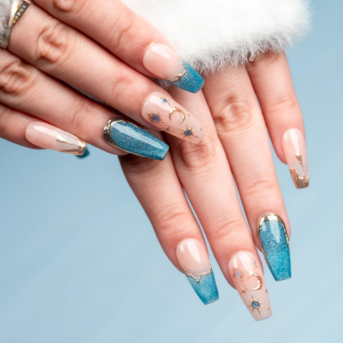 Sun&Beam Nails Handmade Press-On Medium Long Coffin Ballerina with Pink Blue Gold Color 3D Design Charm Cat Eye Cute False Nail Tips 10 Pcs (#082 L)