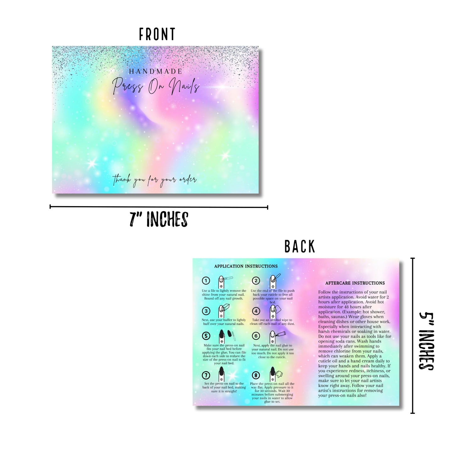 Lashicorn Handmade Press On Nails Display Card | 5x7” 30 pk w/Application Aftercare Instructions - Inserts Add To A Holographic Bags & Can Use With Double Sided Tape