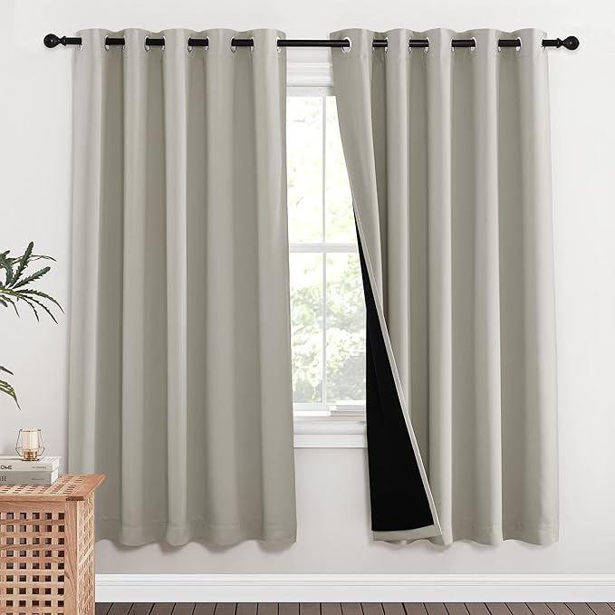 NICETOWN 100% Blackout Window Curtain Panels, Full Light Blocking Drapes with Black Liner for Nursery, 72-inch Drop Thermal Insulated Draperies (Natural, 2 Pieces, 62-inch Wide Per Panel)