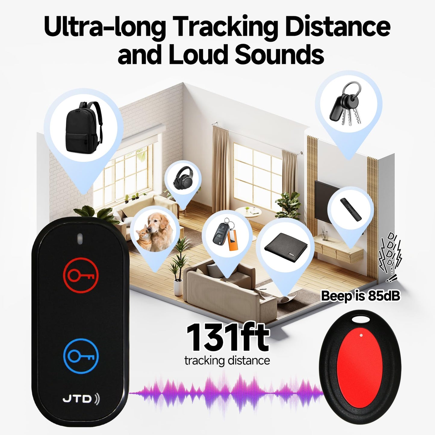 JTD Key Finder Locator with Sound, Remote Finder - 2 Receivers, 1 Car Tracker Keychain,85dB Loud, 131ft Range Tracker for Keys, Wallet, Pet,TV Remote Control - No App Needed Item Finder for Home