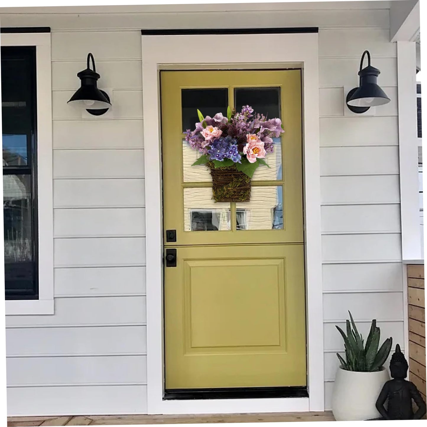 Lavender Door Hanging Basket Wreath, Artificial Floral Spring Wreath for Front Door Porch Wall, Summer Wildflower Home Decor