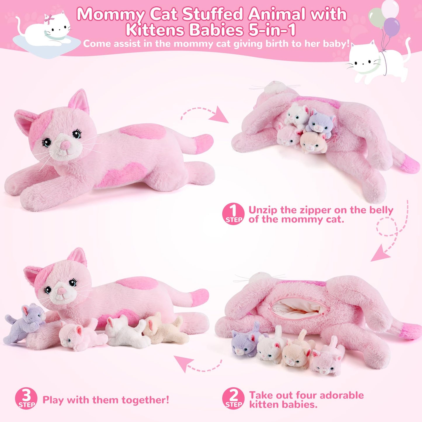 gnomantic 5 Pieces Cat Stuffed Animals with Babies Inside Belly - 1 Mommy Stuffed Cat with 4 Kittens - Stuffed Kitty Plush Toys for Kid Age 3-8, Gift Ideal for Christmas, Valentine's, Birthday (Pink)