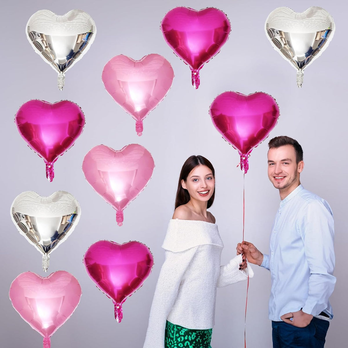 TAOYE 12 Pcs 18 Inch Heart Balloons, Hot Pink Silver and Pink Heart Shape Mylar Balloons for Birthday Wedding Valentines Anniversary Baby Shower