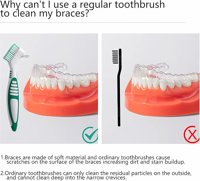 Denture Brush 4Pcs Denture Toothbrushes，Denture Cleaning Care Cleaning Brush ，Double Sided Toothbrush，Multi-Layered Bristles and Rubber Anti-Slip Handle (Purple, Green, Blue, Orange)