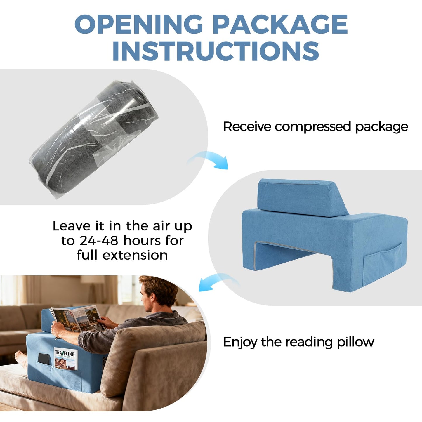 VERASCOT Reading Pillow for Gaming Lap Desk Pillow for Laptop with Pocket Foldable Memory Foam Bed Desk for Reading Working Crocheting Gaming Arm Rest on Bed/Sofa/Floor/Couch/Car (Blue Foldable)